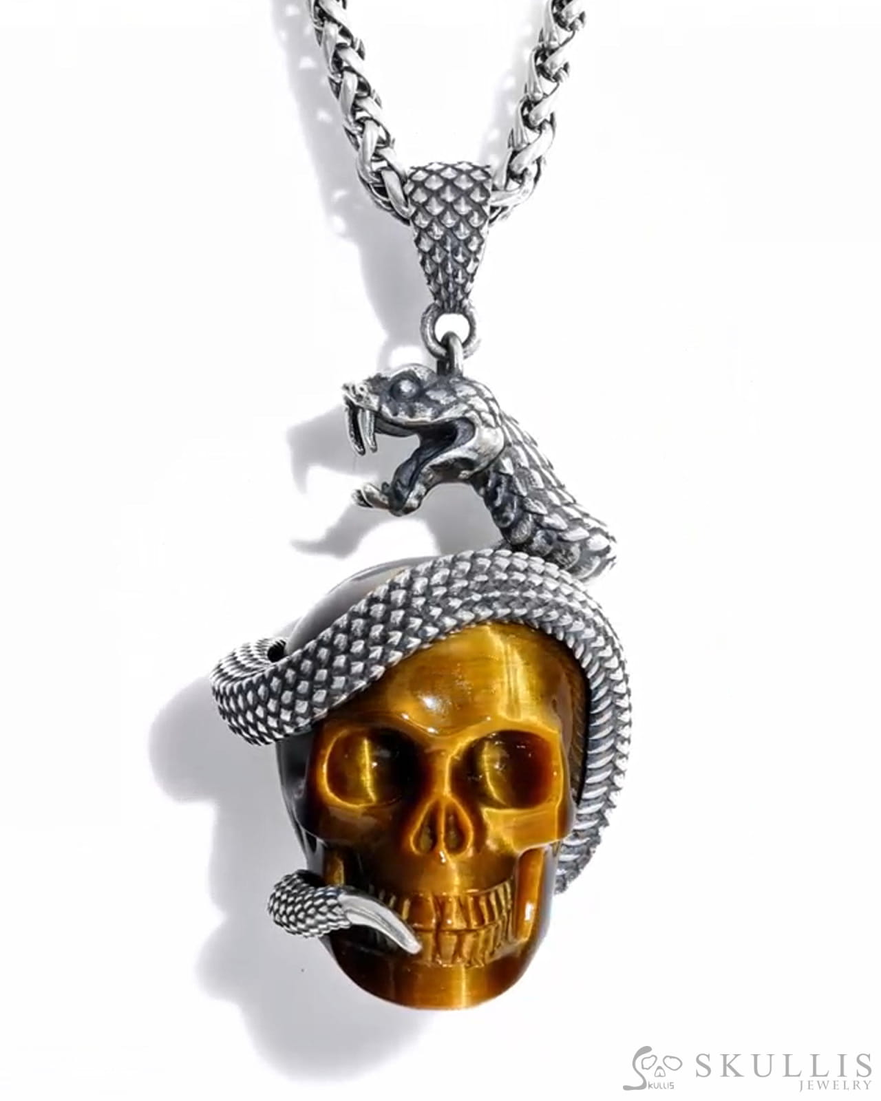 Gem Skull Pendant Necklace of Gold Tiger’s Eye Crystal Carved Skull with Sterling Silver Snake