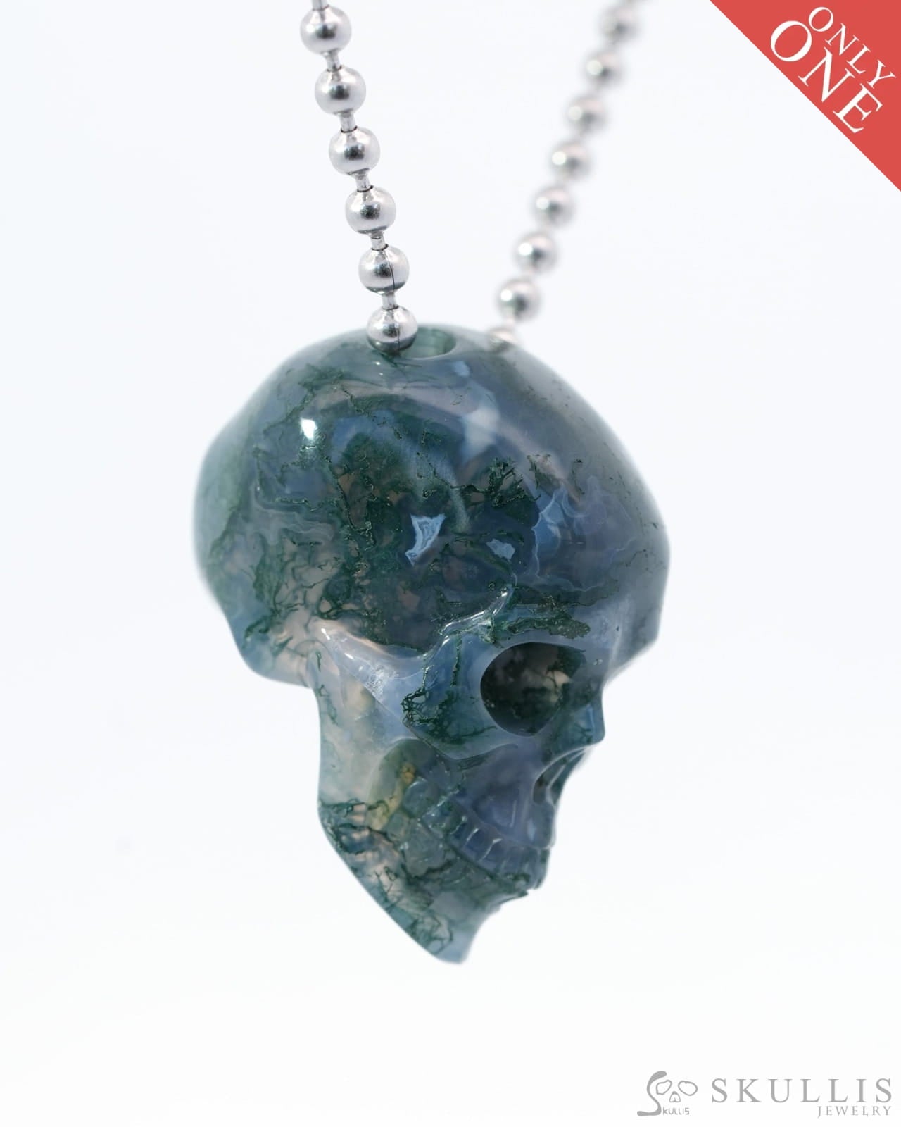 Gem Skull Pendant Necklace of Green Moss Agate Carved Hollow Skull with 925 Sterling Silver Chain - 4814084 Skull