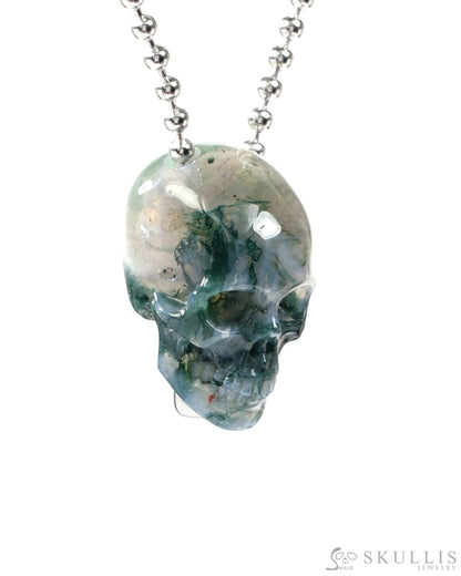 Gem Skull Pendant Necklace of Green Moss Agate Carved Hollow Skull with 925 Sterling Silver Chain