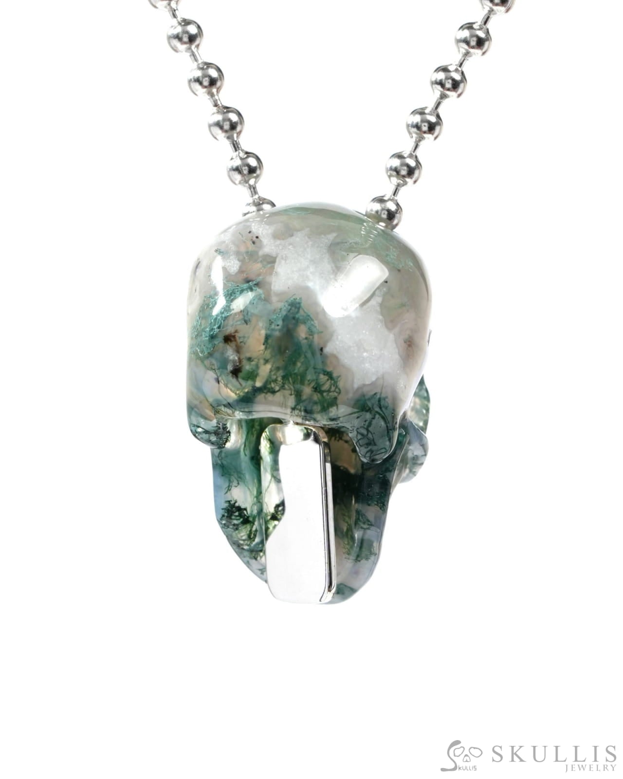 Gem Skull Pendant Necklace of Green Moss Agate Carved Hollow Skull with 925 Sterling Silver Chain