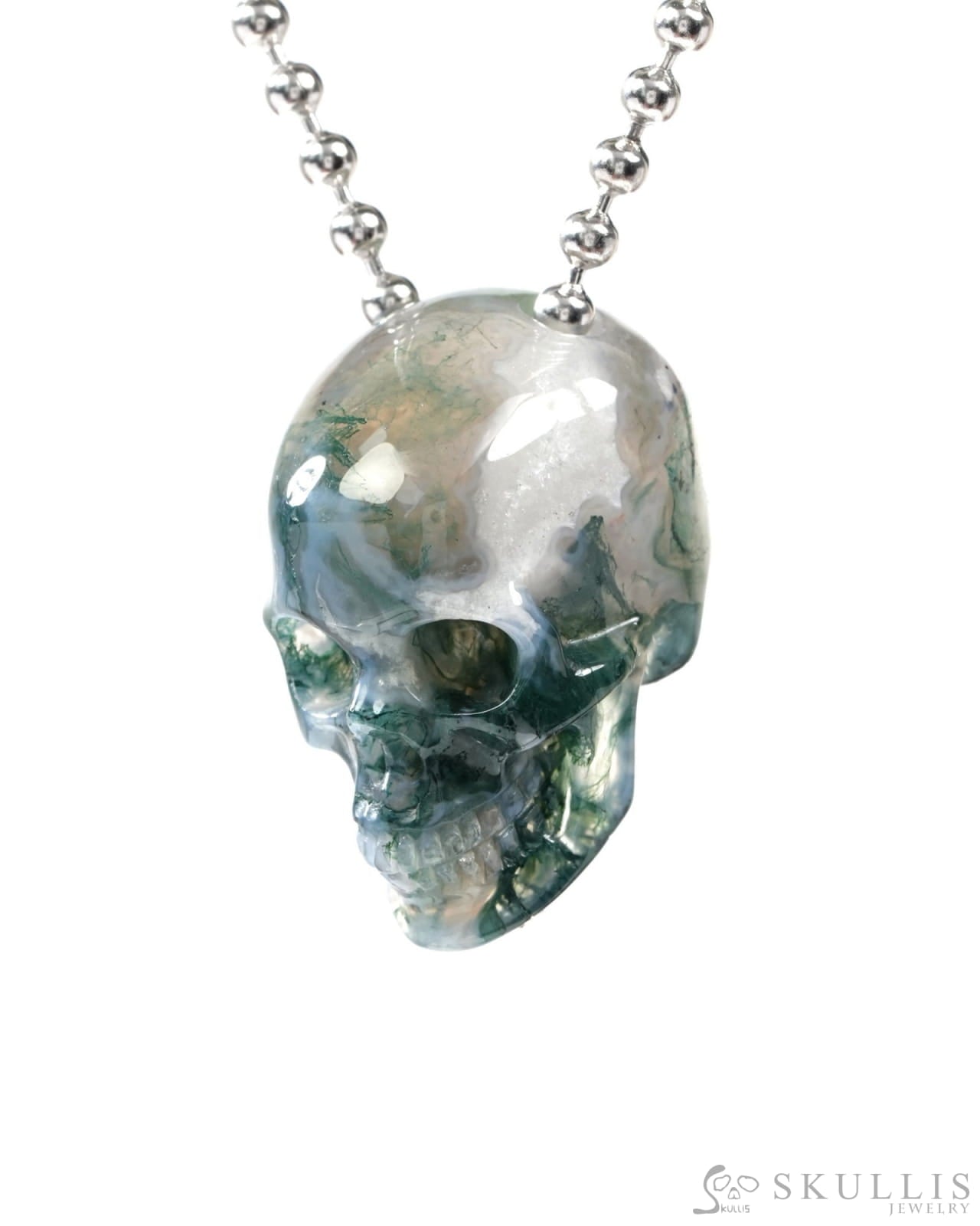 Gem Skull Pendant Necklace of Green Moss Agate Carved Hollow Skull with 925 Sterling Silver Chain