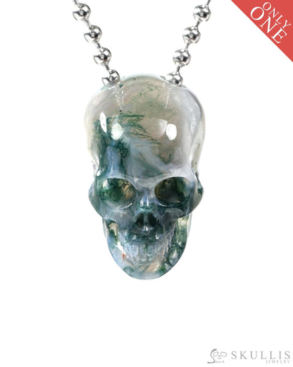 Gem Skull Pendant Necklace of Green Moss Agate Carved Hollow Skull with 925 Sterling Silver Chain