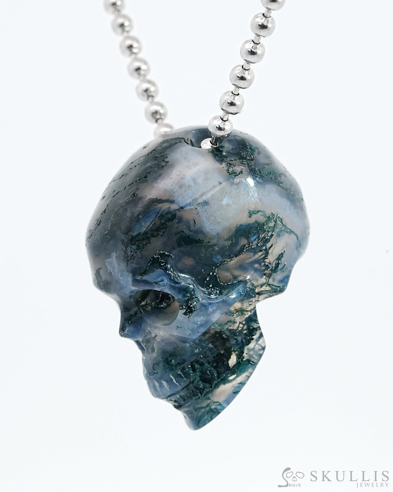 Gem Skull Pendant Necklace Of Green Moss Agate Carved Hollow Skull With 925 Sterling Silver