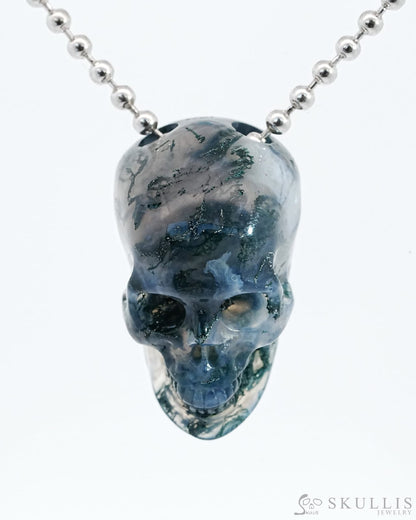 Gem Skull Pendant Necklace Of Green Moss Agate Carved Hollow Skull With 925 Sterling Silver