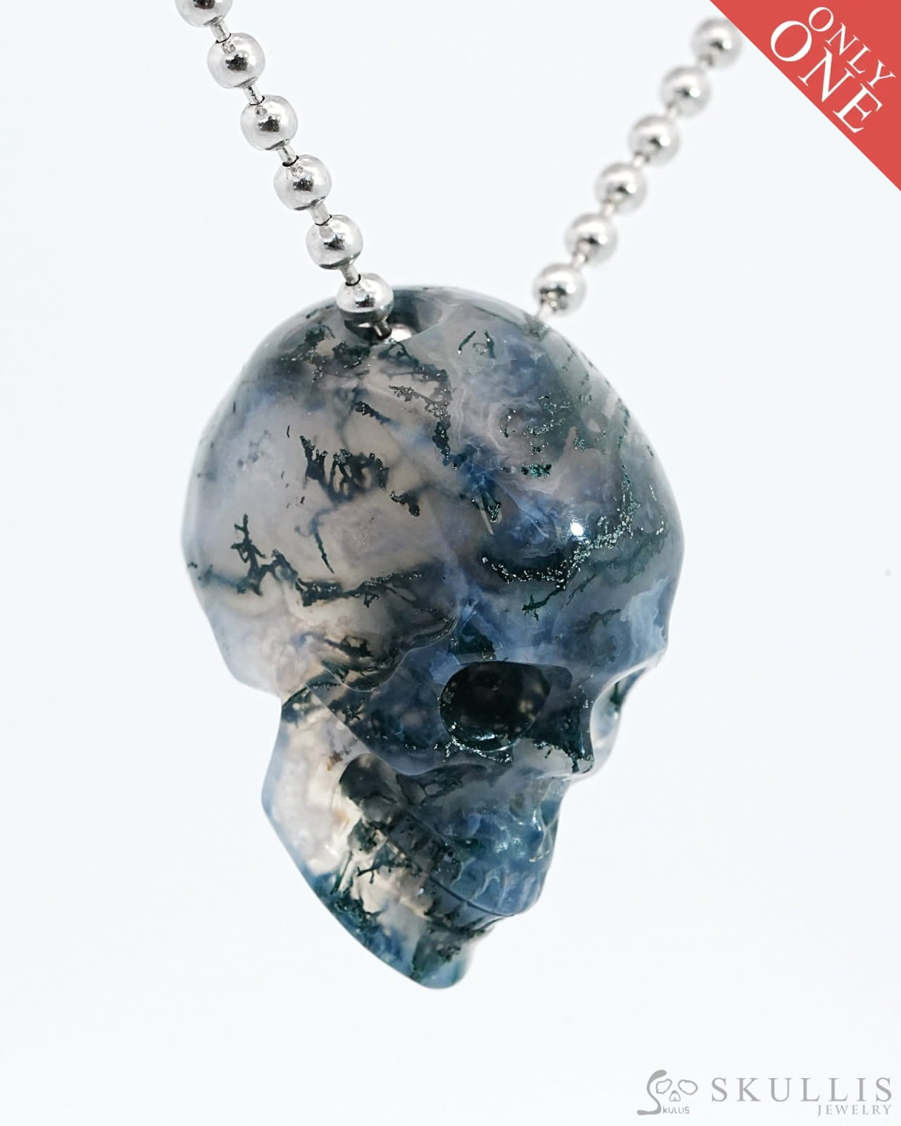 Gem Skull Pendant Necklace Of Green Moss Agate Carved Hollow Skull With 925 Sterling Silver