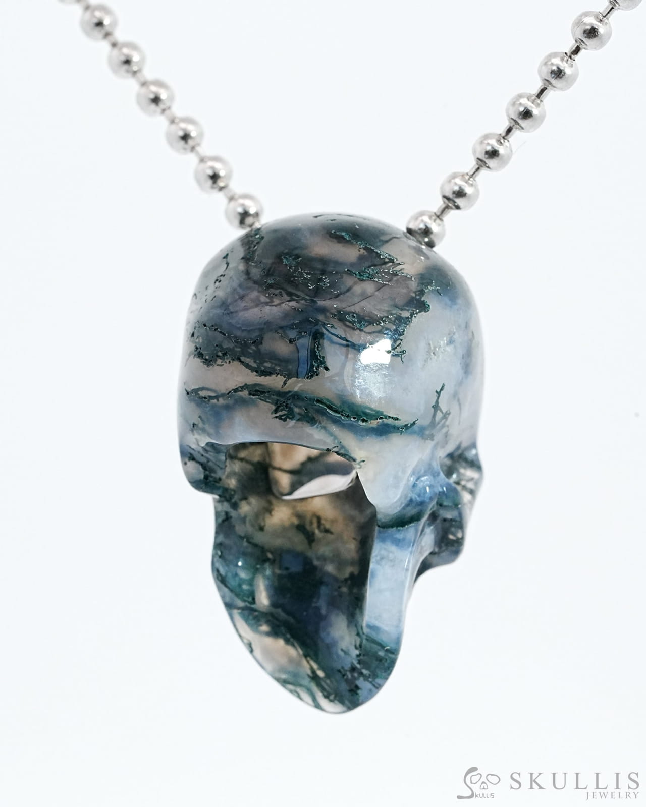 Gem Skull Pendant Necklace Of Green Moss Agate Carved Hollow Skull With 925 Sterling Silver