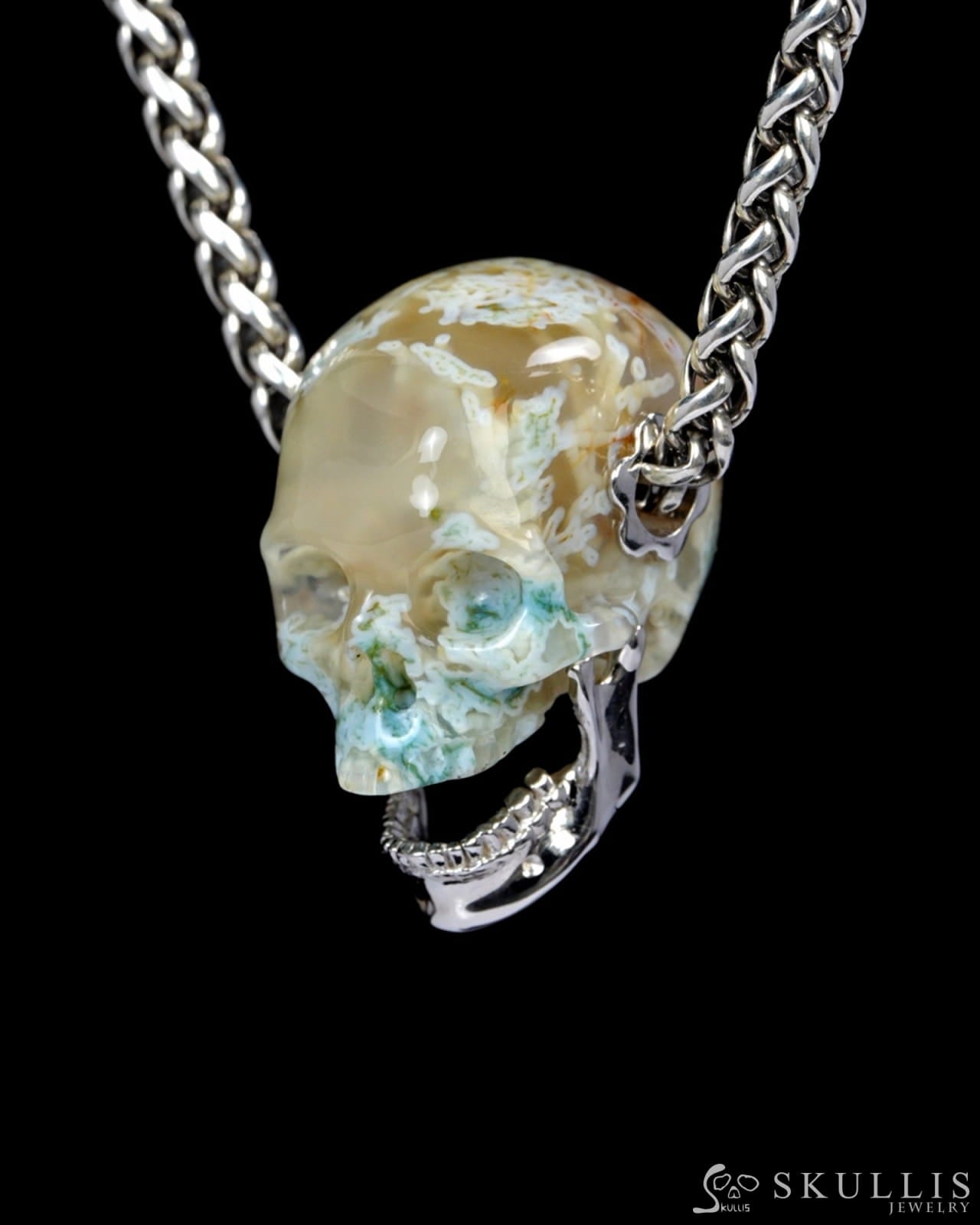 Gem Skull Pendant Necklace of Green Moss Agate Carved Skull with Detachable Jaw in Sterling Silver - ZR19500400 Skull