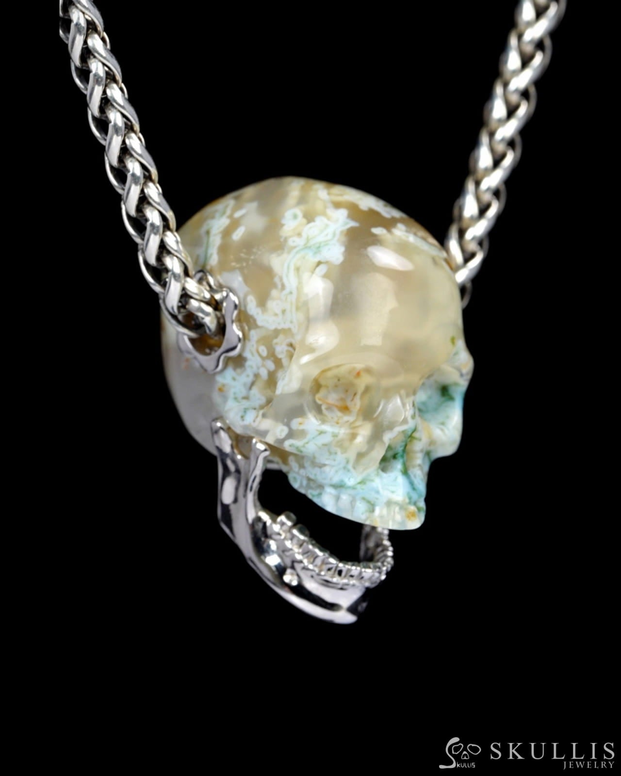 Gem Skull Pendant Necklace of Green Moss Agate Carved Skull with Detachable Jaw in Sterling Silver - ZR19500400 Skull
