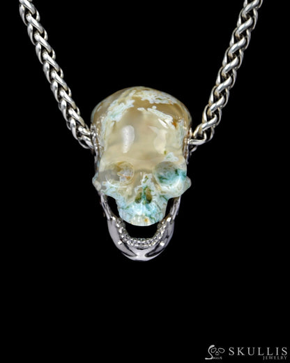 Gem Skull Pendant Necklace of Green Moss Agate Carved Skull with Detachable Jaw in Sterling Silver - ZR19500400 Skull