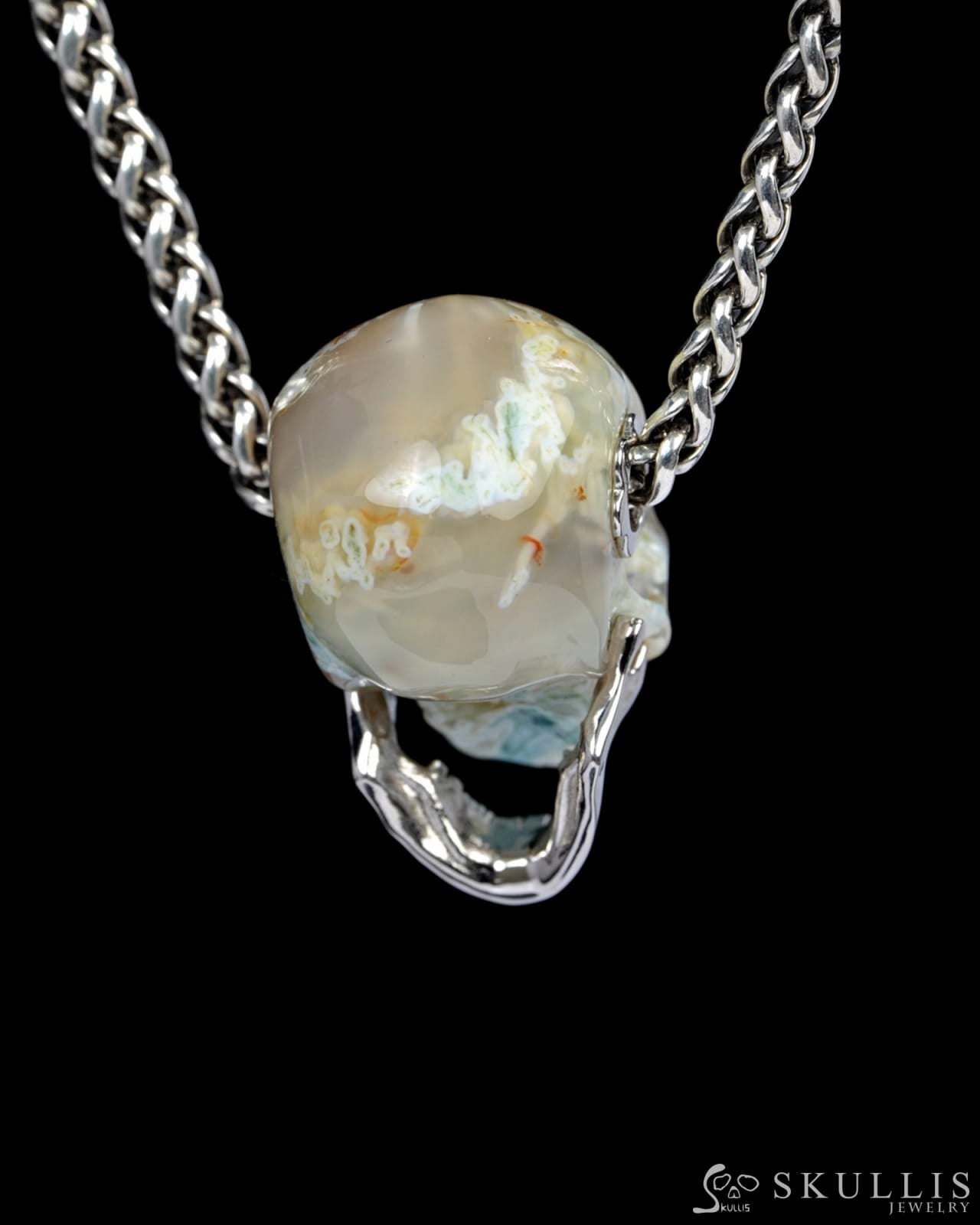 Gem Skull Pendant Necklace of Green Moss Agate Carved Skull with Detachable Jaw in Sterling Silver - ZR19500400 Skull