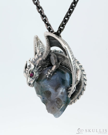 Gem Skull Pendant Necklace Of Green Moss Agate Carved Skull With Ruby-Eye Dragon In 925