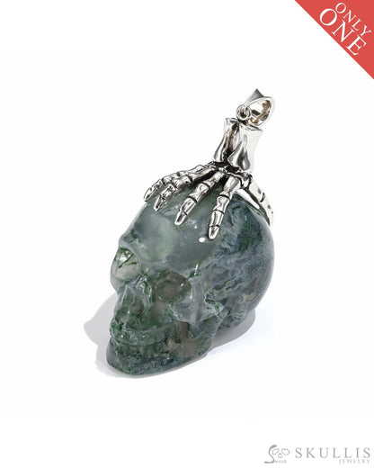 Gem Skull Pendant Necklace Of Green Moss Agate Crystal Carved Skull With Detachable Silver