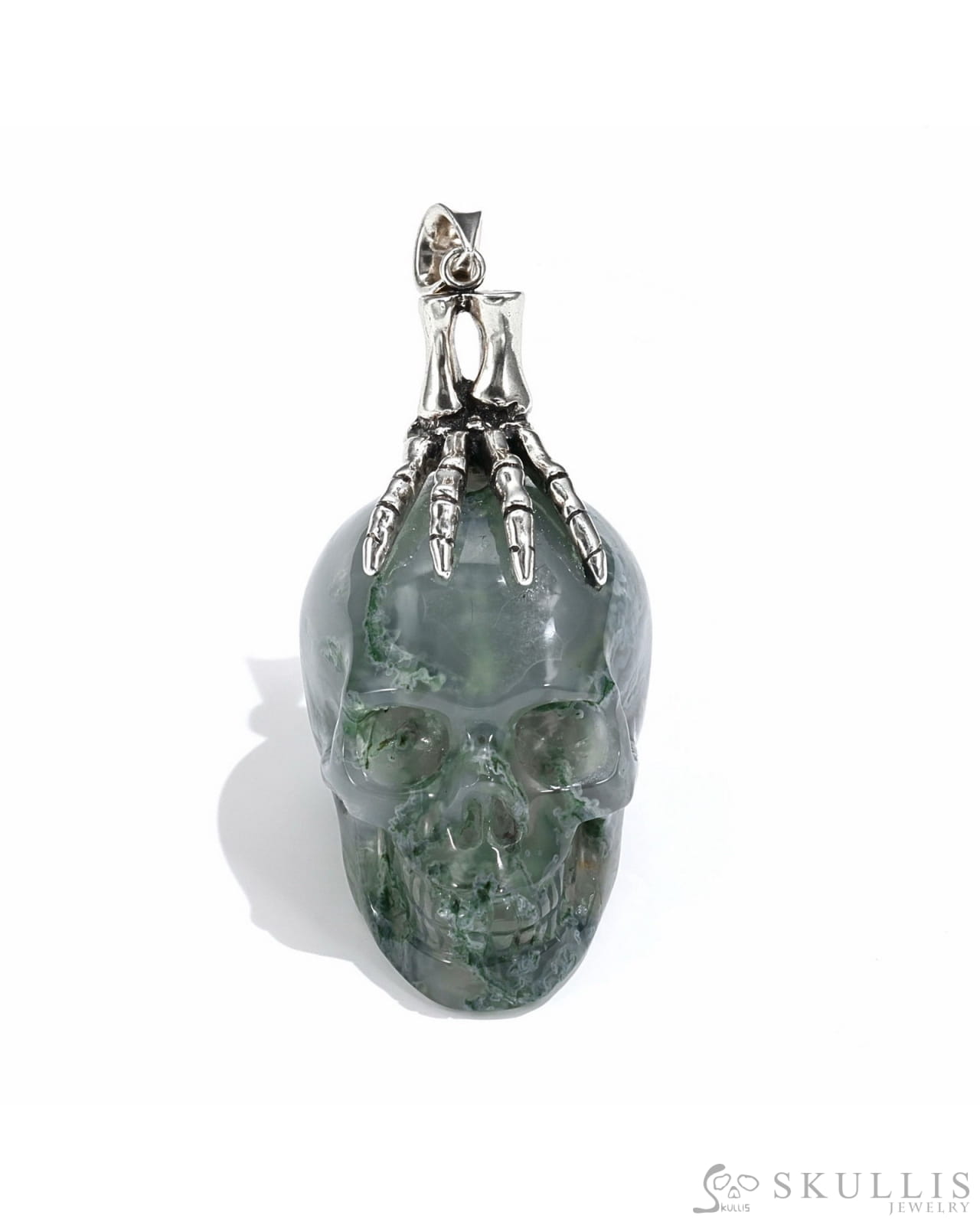 Gem Skull Pendant Necklace Of Green Moss Agate Crystal Carved Skull With Detachable Silver