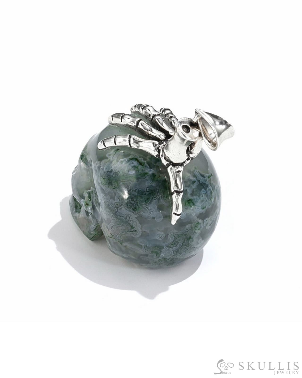 Gem Skull Pendant Necklace Of Green Moss Agate Crystal Carved Skull With Detachable Silver