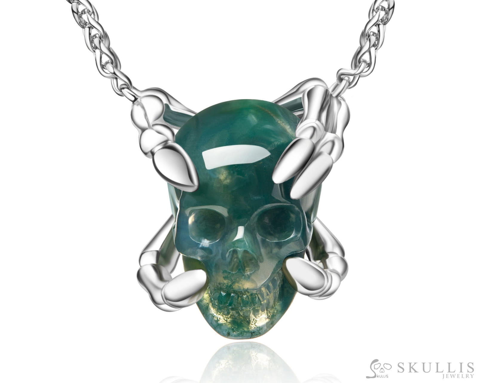 Gem Skull Pendant Necklace Of Green Moss Agate Carved Skull With Skeleton Fingers In 925