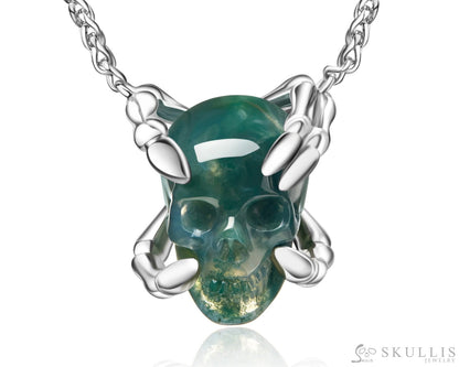 Gem Skull Pendant Necklace Of Green Moss Agate Carved Skull With Skeleton Fingers In 925