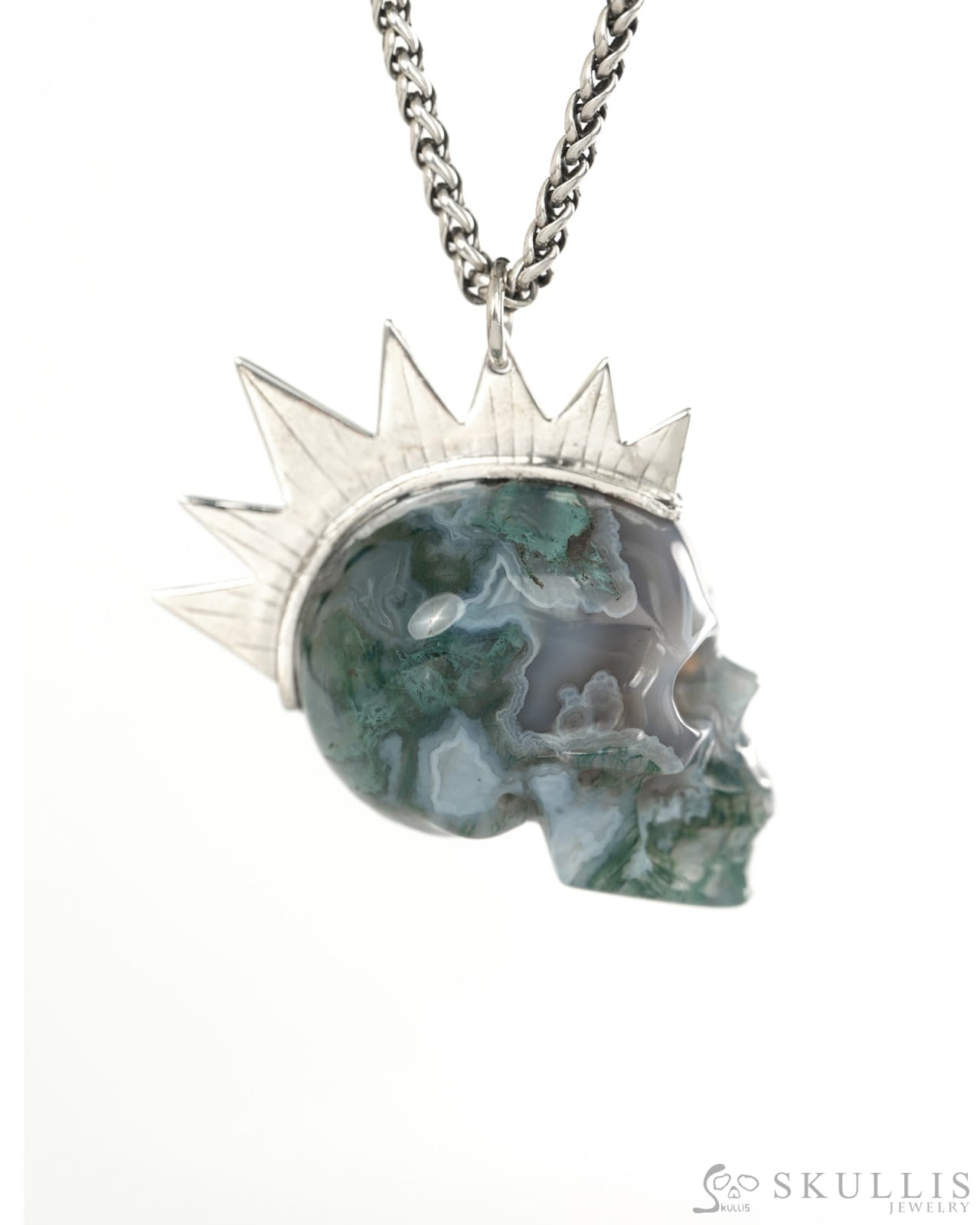 Gem Skull Pendant Necklace of Green Moss Agate Crystal Carved Skull with Punk Hair in Sterling Silver - 9900436 - Skull