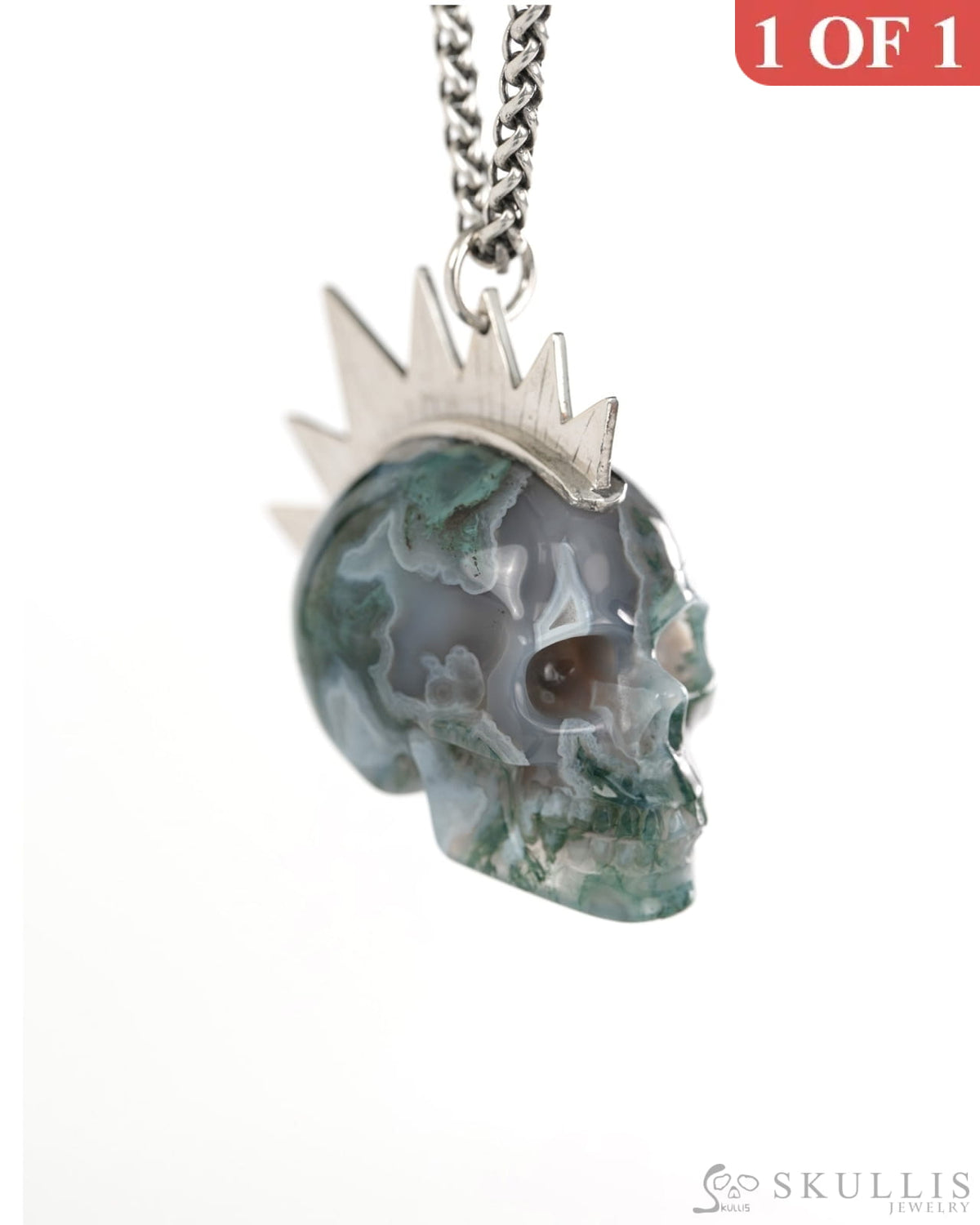 Gem Skull Pendant Necklace of Green Moss Agate Crystal Carved Skull with Punk Hair in Sterling Silver - 9900436 - Skull