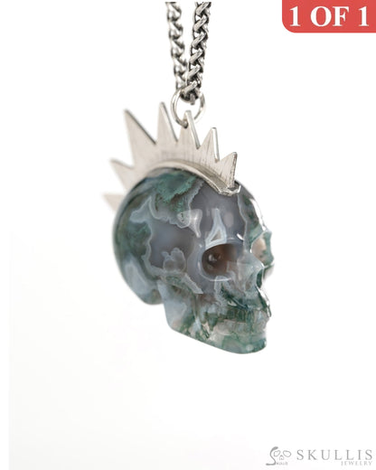 Gem Skull Pendant Necklace of Green Moss Agate Crystal Carved Skull with Punk Hair in Sterling Silver - 9900436 - Skull