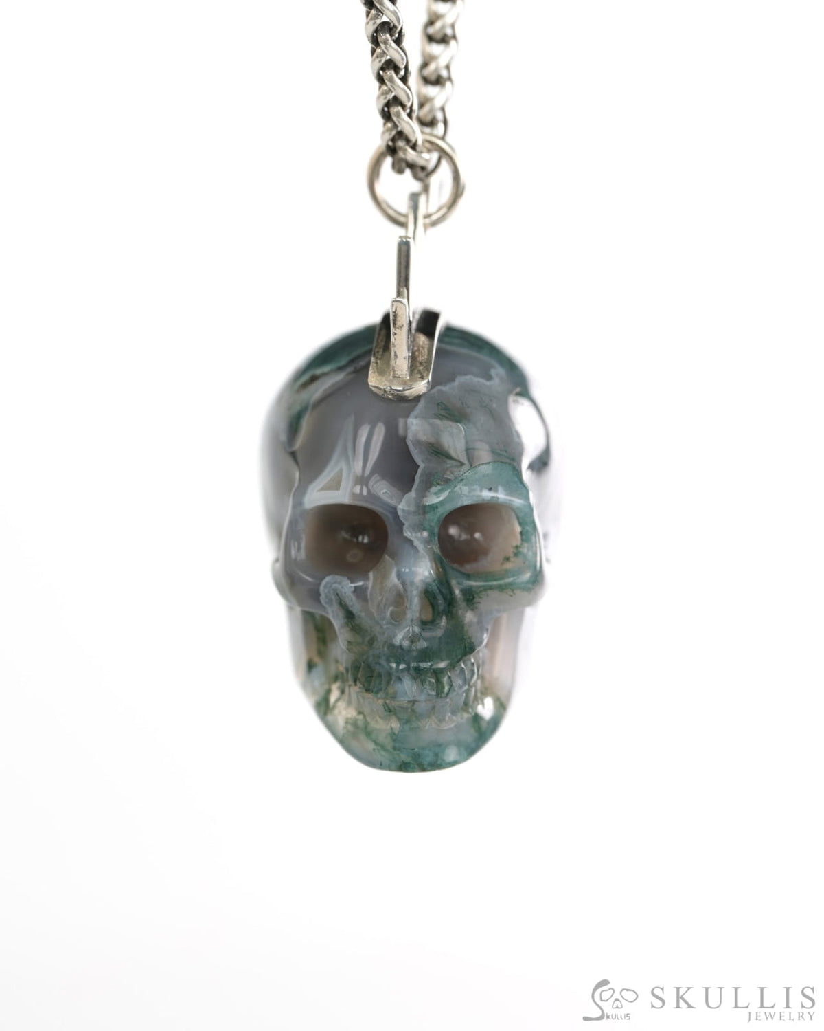 Gem Skull Pendant Necklace of Green Moss Agate Crystal Carved Skull with Punk Hair in Sterling Silver - 9900436 - Skull
