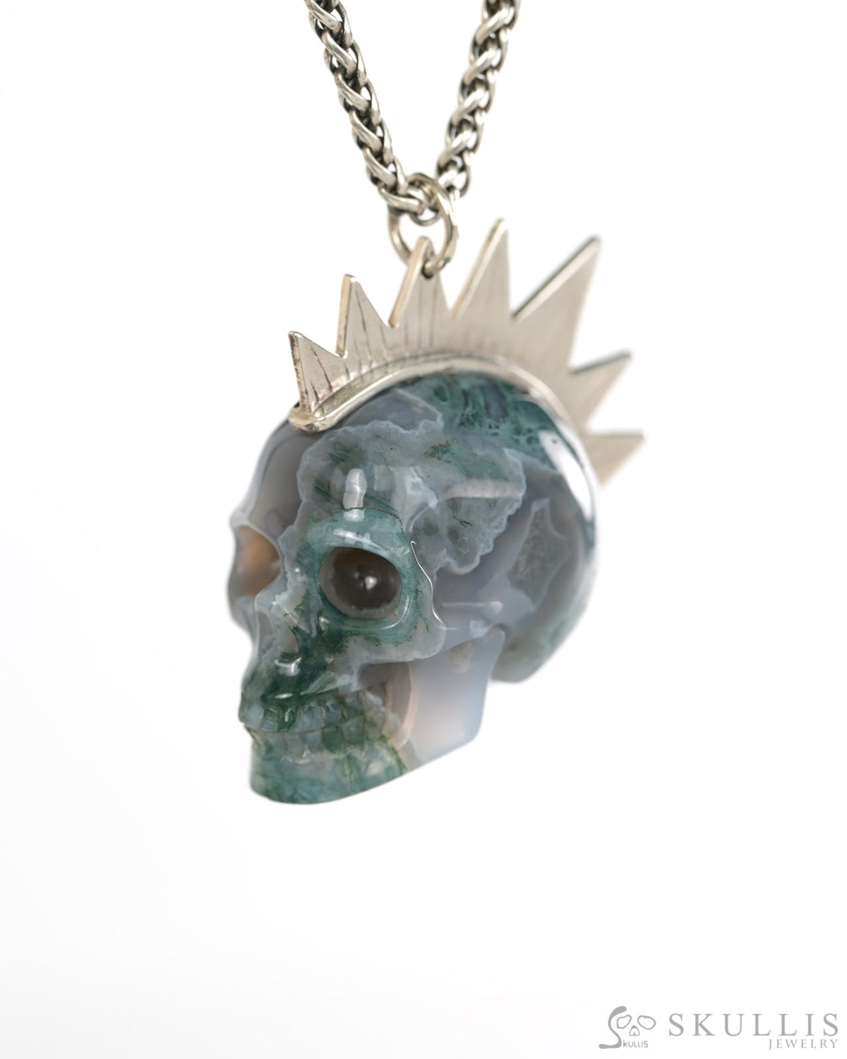 Gem Skull Pendant Necklace of Green Moss Agate Crystal Carved Skull with Punk Hair in Sterling Silver - 9900436 - Skull