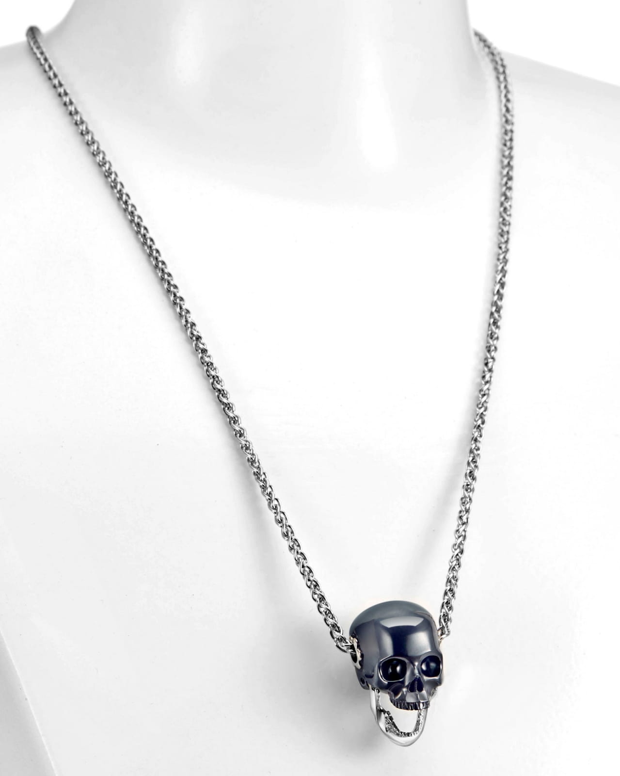 Gem Skull Pendant Necklace Of Hematite Carved Skull With Detachable Silver Jaw In Sterling