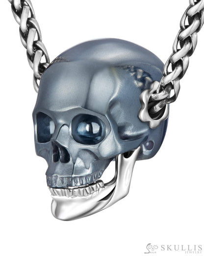 Gem Skull Pendant Necklace of Hematite Carved Skull with Detachable Silver Jaw in 925 Sterling Silver - Skull Pendants