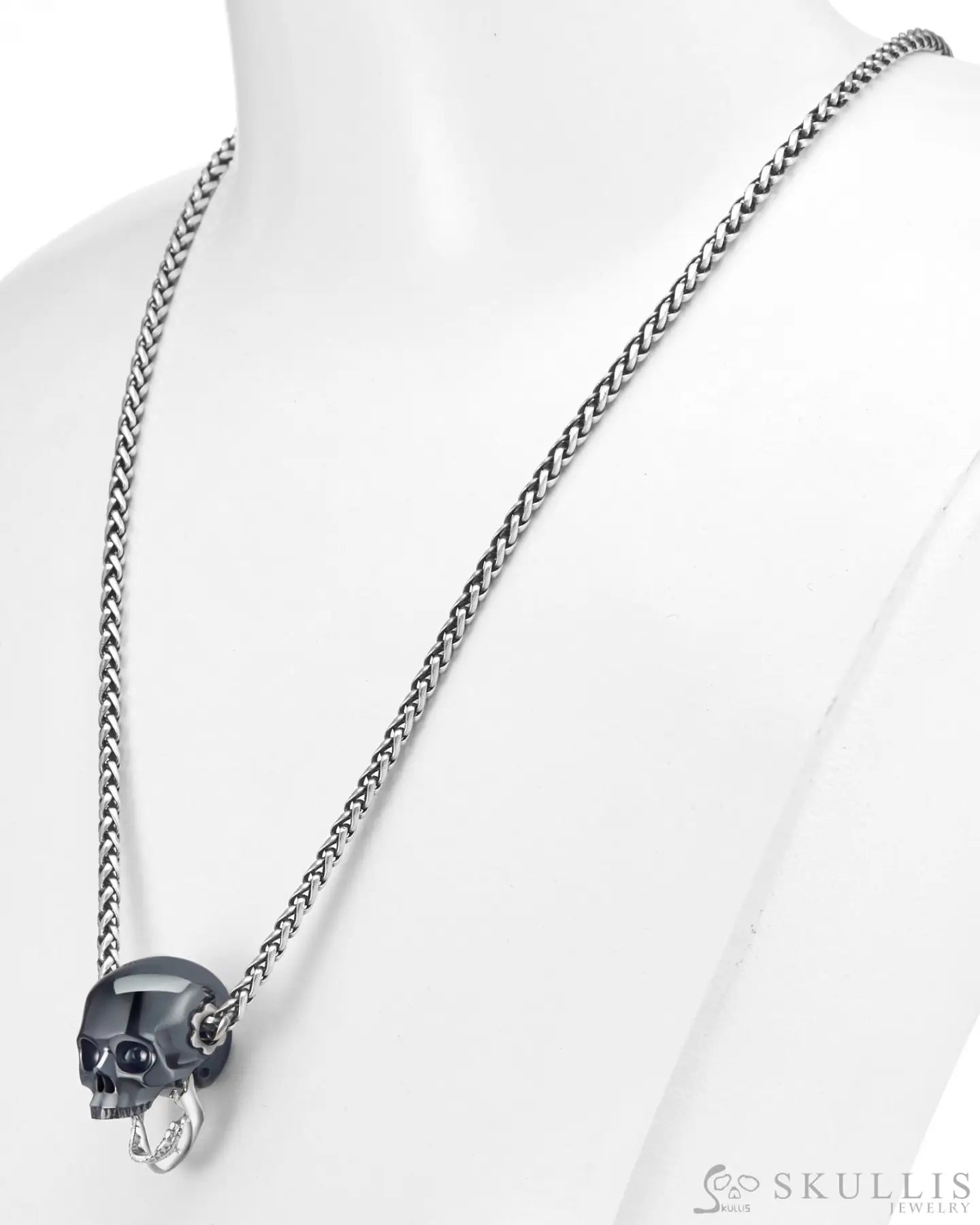 Gem Skull Pendant Necklace Of Hematite Carved Skull With Detachable Silver Jaw In Sterling