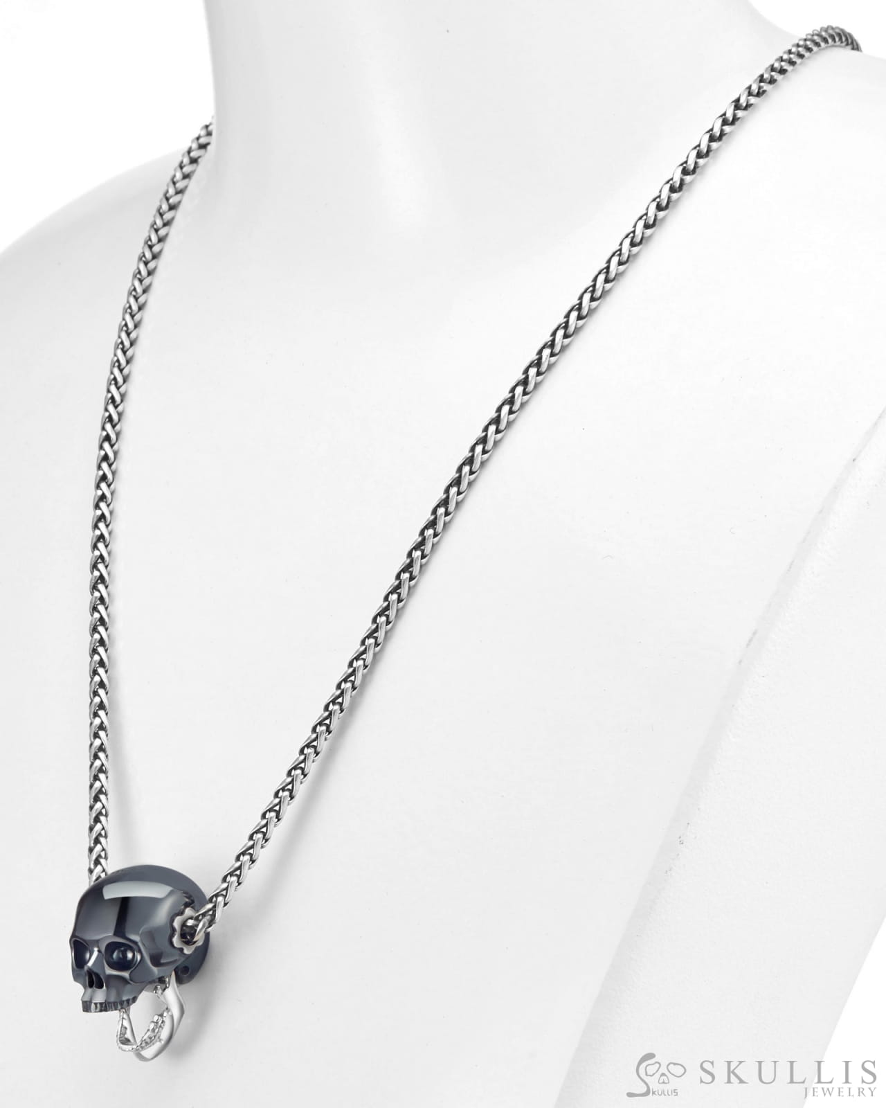 Gem Skull Pendant Necklace Of Hematite Carved Skull With Detachable Silver Jaw In Sterling