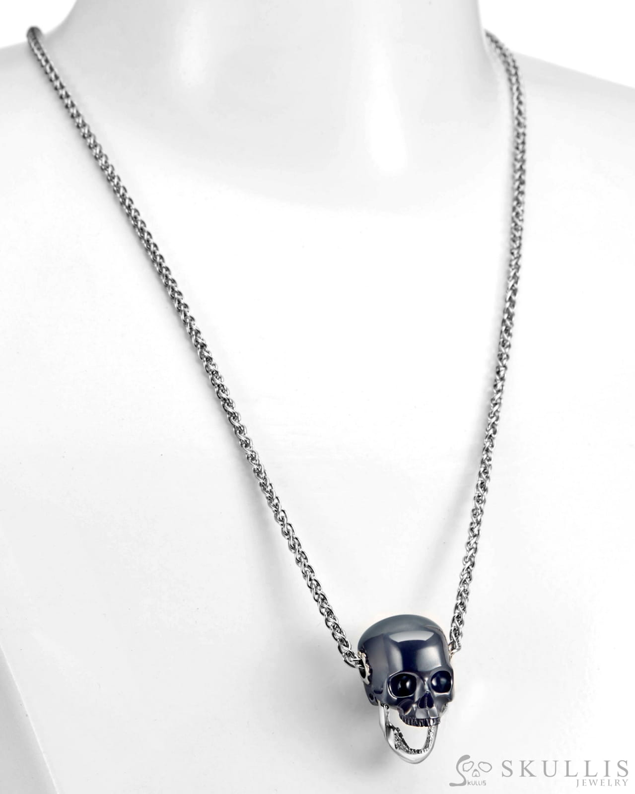 Gem Skull Pendant Necklace Of Hematite Carved Skull With Detachable Silver Jaw In Sterling