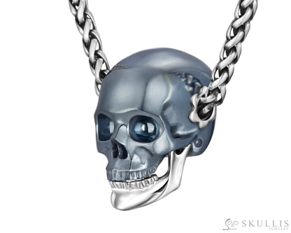 Gem Skull Pendant Necklace Of Hematite Carved Skull With Detachable Silver Jaw In Sterling