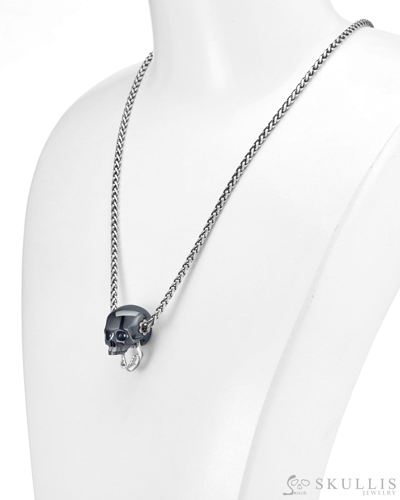 Gem Skull Pendant Necklace of Hematite Carved Skull with Detachable Silver Jaw in 925 Sterling Silver - Skull Pendants