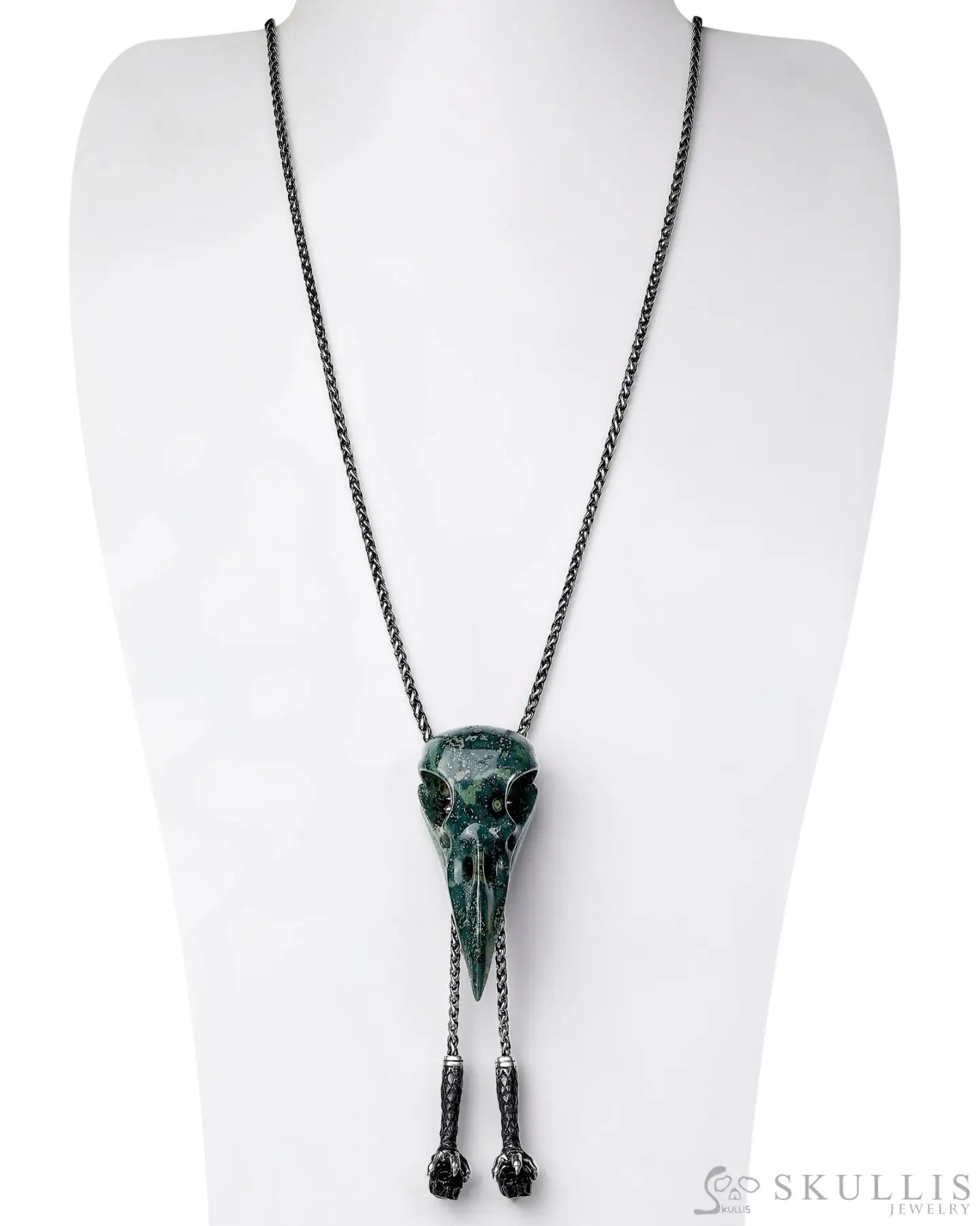 Gem Skull Pendant Necklace Of Kambaba Jasper Raven & Black Obsidian Carved Skull With