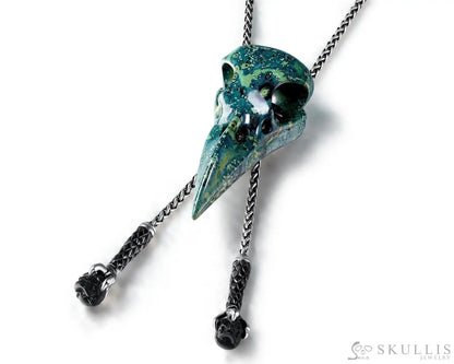 Gem Skull Pendant Necklace Of Kambaba Jasper Raven & Black Obsidian Carved Skull With