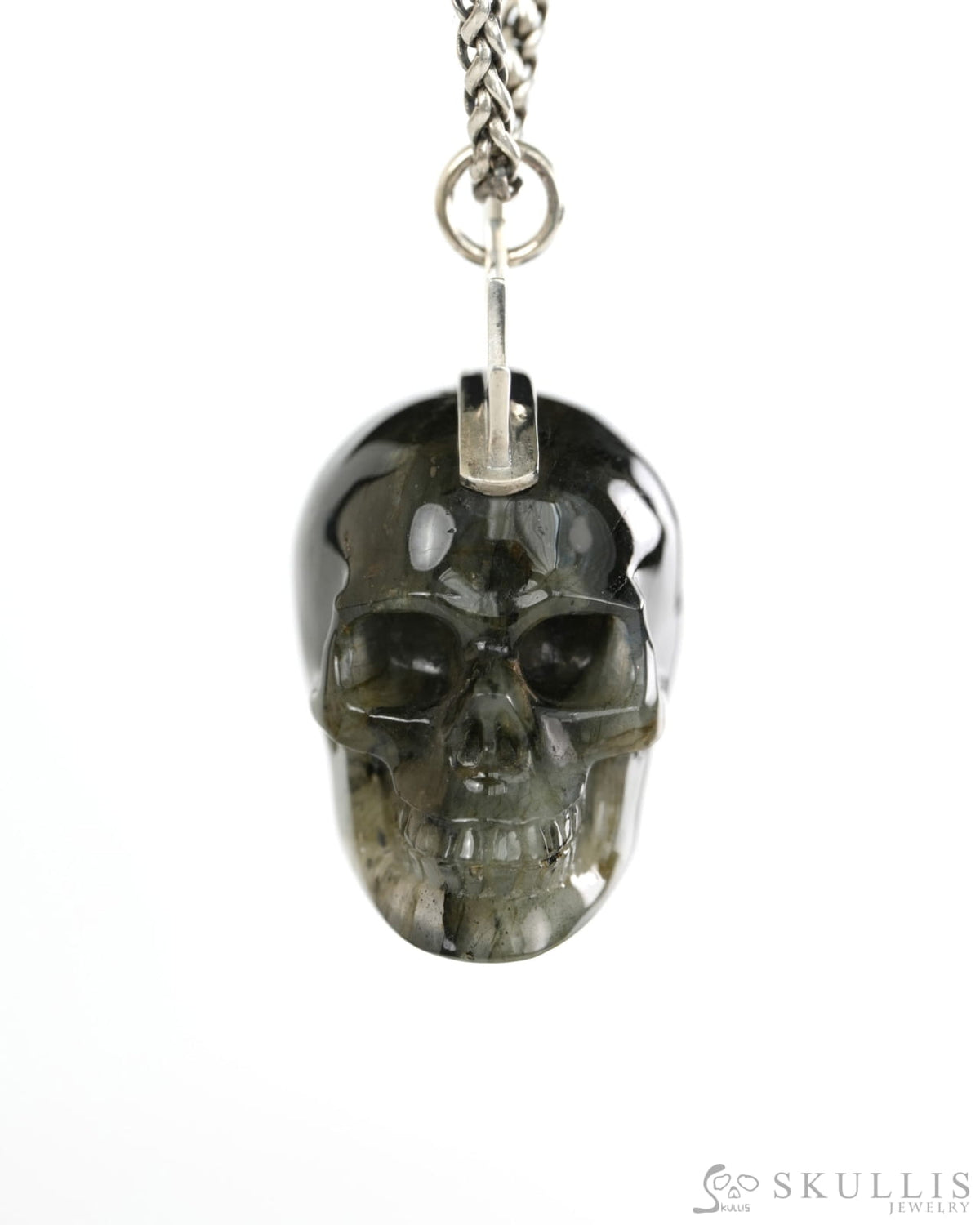 Gem Skull Pendant Necklace of Labradorite Crystal Carved Skull with Punk Hair in Sterling Silver - 9900438 - Skull