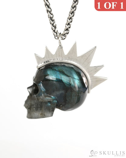 Gem Skull Pendant Necklace of Labradorite Crystal Carved Skull with Punk Hair in Sterling Silver - 9900438 - Skull