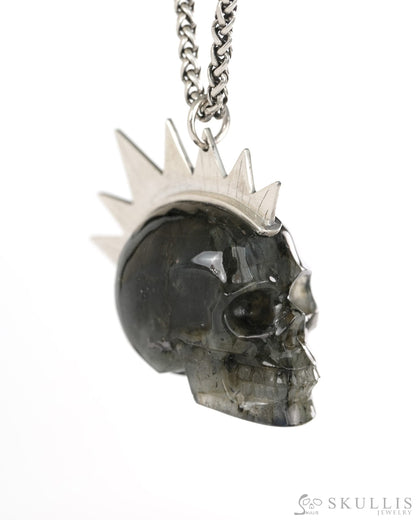 Gem Skull Pendant Necklace of Labradorite Crystal Carved Skull with Punk Hair in Sterling Silver - 9900438 - Skull