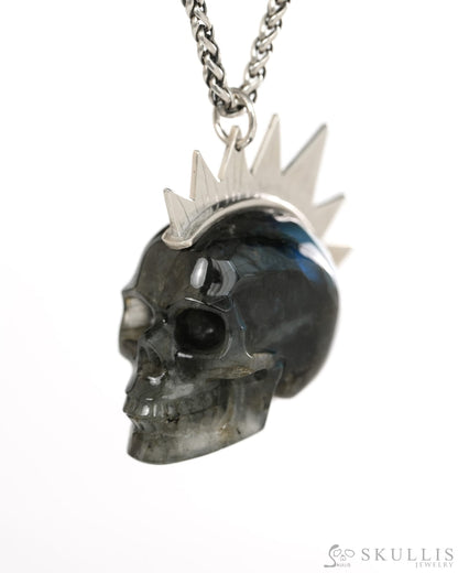 Gem Skull Pendant Necklace of Labradorite Crystal Carved Skull with Punk Hair in Sterling Silver - 9900438 - Skull