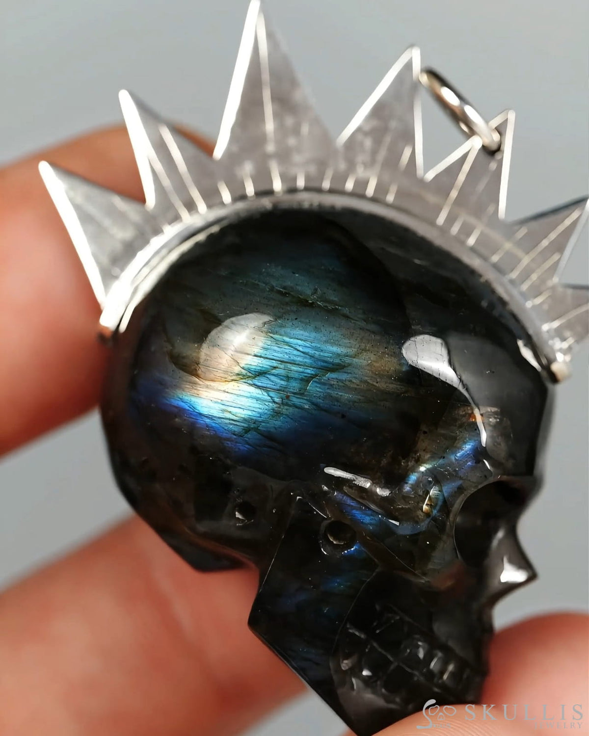 Gem Skull Pendant Necklace of Labradorite Crystal Carved Skull with Punk Hair in Sterling Silver - 9900558 - Skull