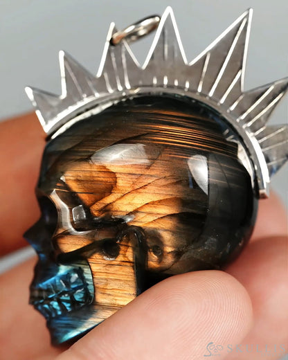 Gem Skull Pendant Necklace of Labradorite Crystal Carved Skull with Punk Hair in Sterling Silver - 9900558 - Skull