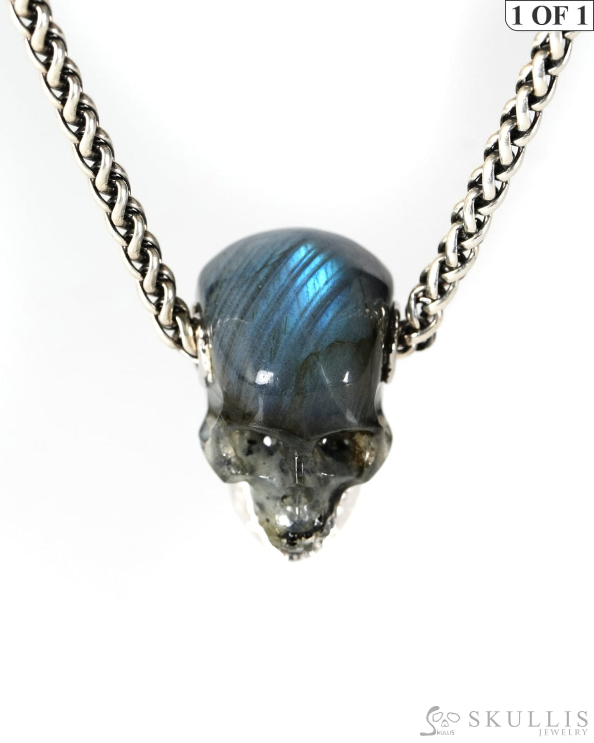 Gem Skull Pendant Necklace of Labradorite Hand Carved Skull with Movable Jaw in 925 Sterling Silver - 9900607 - Skull