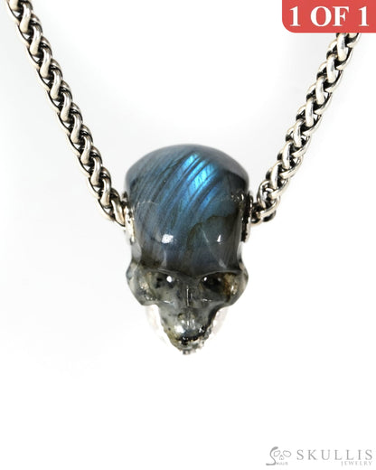 Gem Skull Pendant Necklace of Labradorite Hand Carved Skull with Movable Jaw in 925 Sterling Silver - 9900607 - Skull