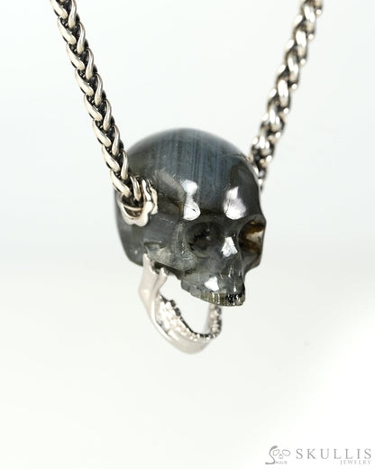 Gem Skull Pendant Necklace of Labradorite Hand Carved Skull with Movable Jaw in 925 Sterling Silver - 9900607 - Skull