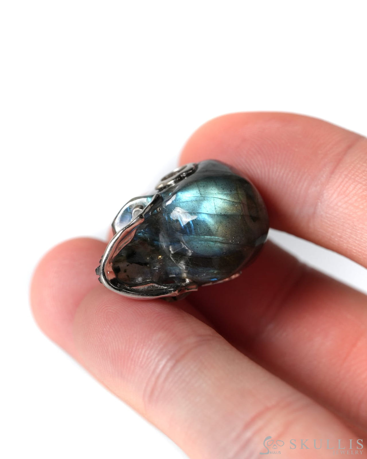 Gem Skull Pendant Necklace of Labradorite Hand Carved Skull with Movable Jaw in 925 Sterling Silver - 9900607 - Skull