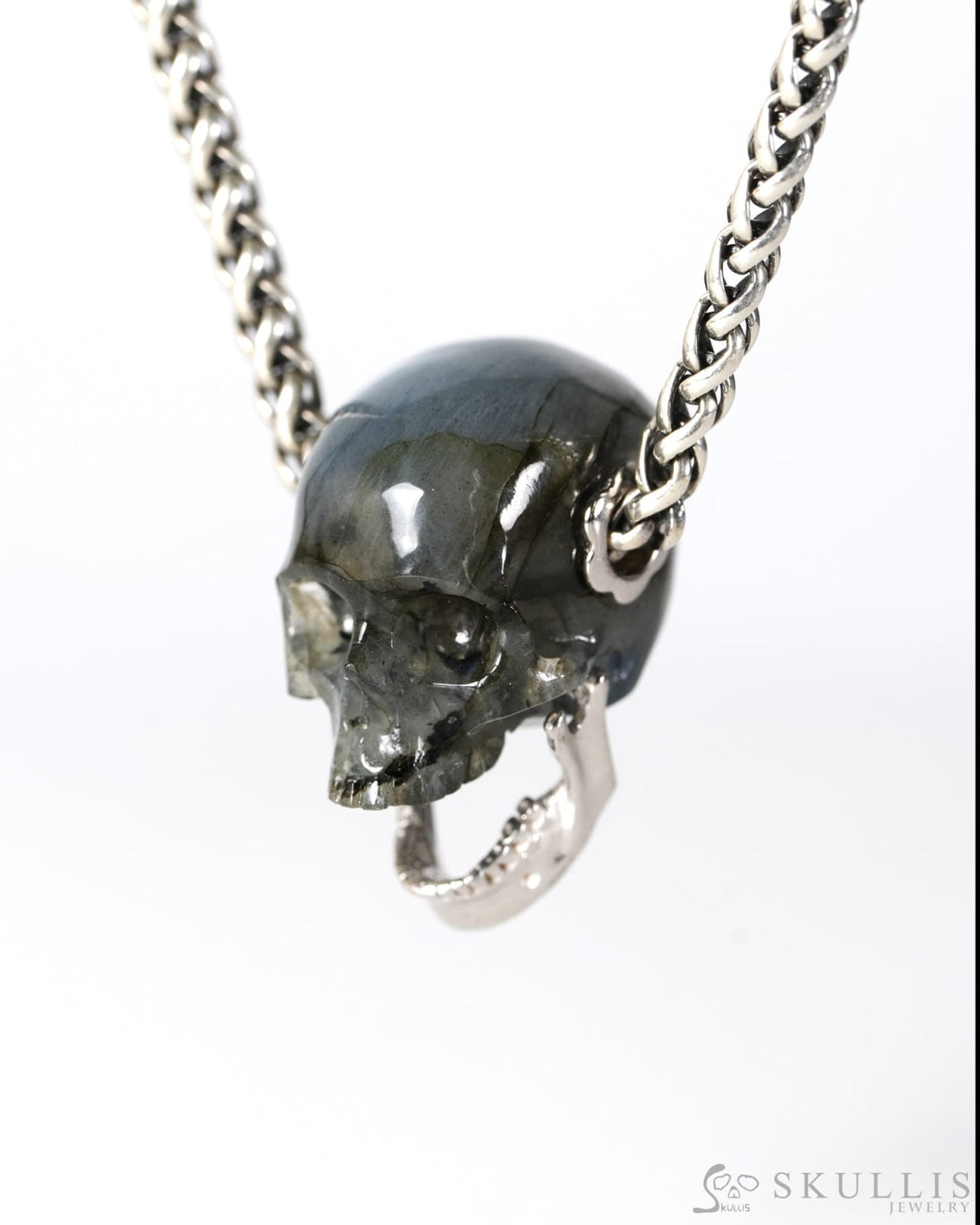 Gem Skull Pendant Necklace of Labradorite Hand Carved Skull with Movable Jaw in 925 Sterling Silver - 9900607 - Skull