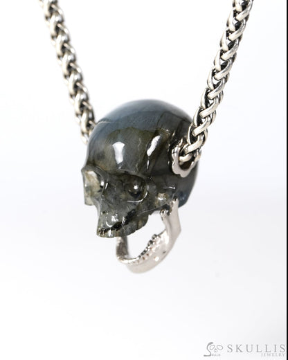 Gem Skull Pendant Necklace of Labradorite Hand Carved Skull with Movable Jaw in 925 Sterling Silver - 9900607 - Skull