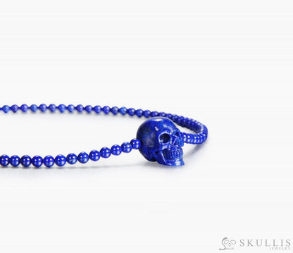 Gem Skull Pendant Necklace of Lapis Lazuli Carved Skull & Beads with Silver Clasp Skull Pendants