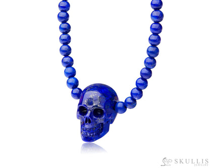 Gem Skull Pendant Necklace of Lapis Lazuli Carved Skull & Beads with Silver Clasp Skull Pendants