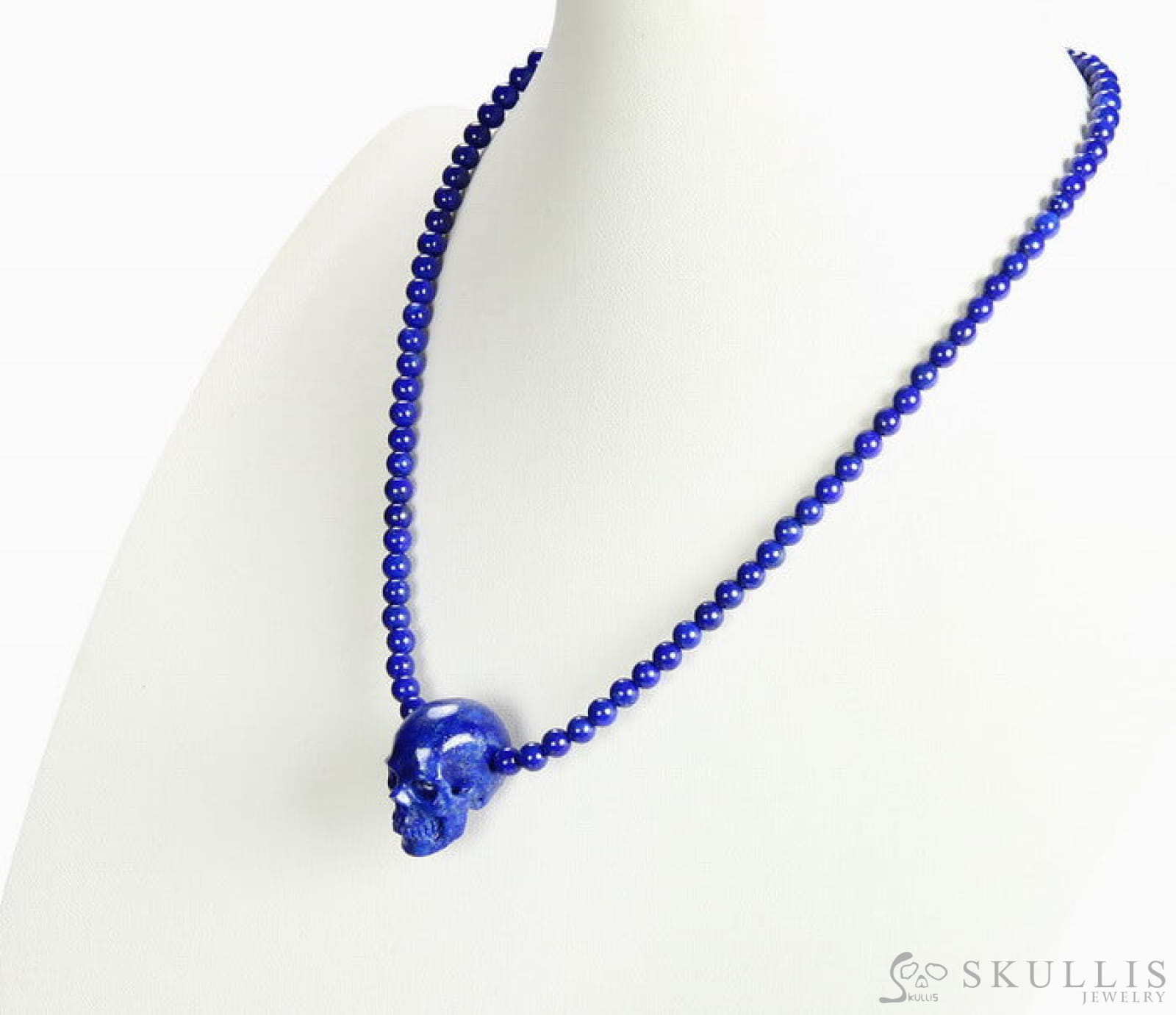 Gem Skull Pendant Necklace Of Lapis Lazuli Carved Skull & Beads In Blackened Sterling