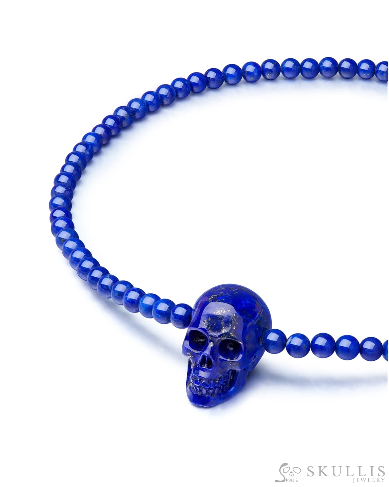 Gem Skull Pendant Necklace of Lapis Lazuli Carved Skull & Beads with Silver Clasp Skull Pendants